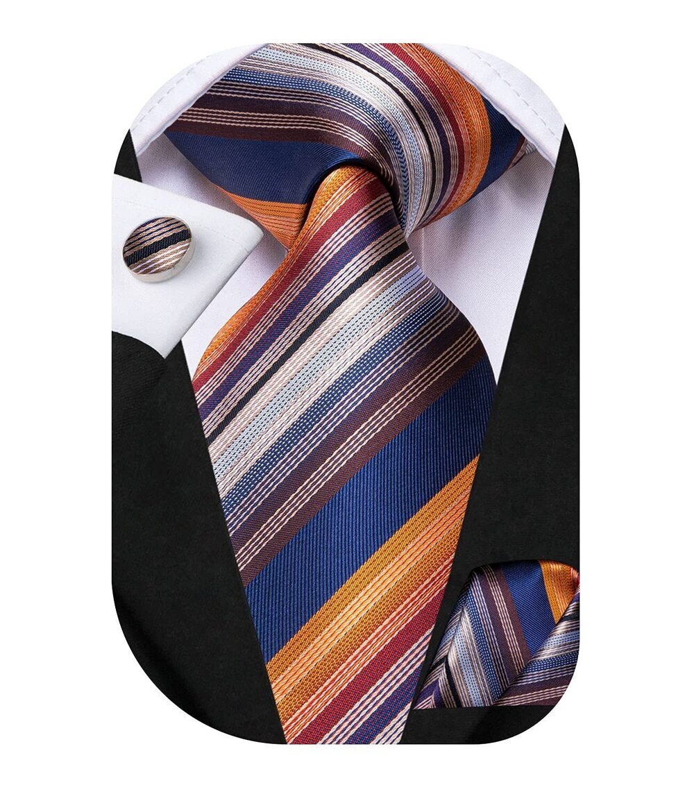 6294 Orange Blue Striped Tie WOVEN Necktie and Handkerchief Cufflinks Set